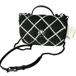 TORY BURCH New Willa Tweed Mini Top Handle Crossbody Bag Black White Chain Strap